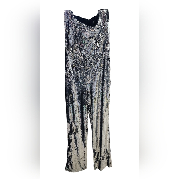 Dress the Population Andy Silver Sequined Strapless Wide Leg Jumpsuit Size XS - Picture 5 of 8